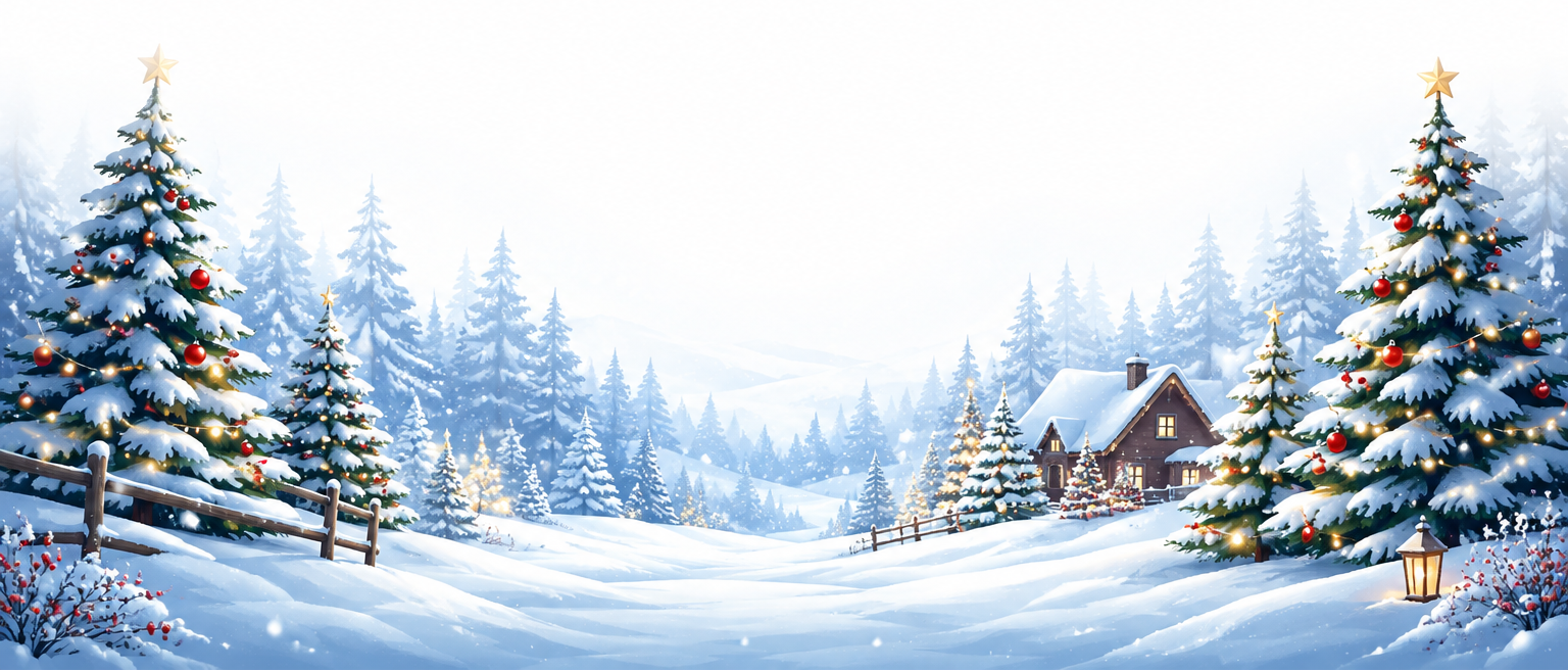 A festive winter landscape illustration featuring snow-covered evergreen trees, some decorated with lights and ornaments, a small cabin in the background, and a bright snowy sky.
