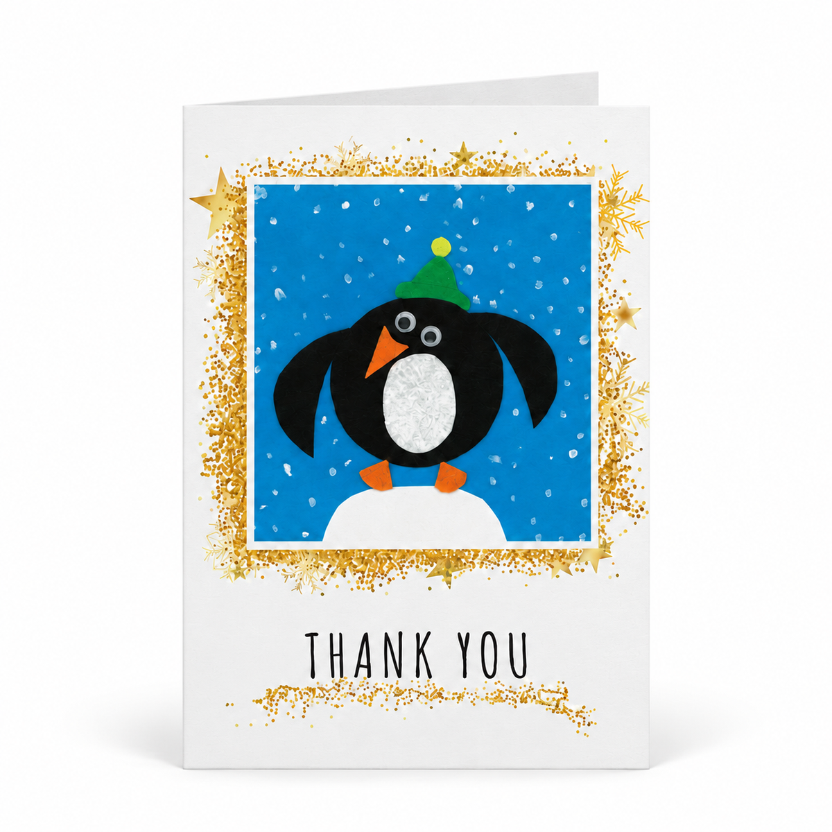 A white greeting card with a penguin illustration wearing a green hat against a blue snowy background, framed with gold stars and the words 'THANK YOU' printed below.