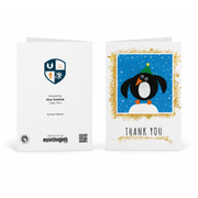 A custom school thank you card set shown on a white background, featuring both the front and back views. The front displays a cute cartoon penguin wearing a green hat inside a blue square with a gold  border, and the back shows a white background with a school crest, artist credit, and customizable text fields.