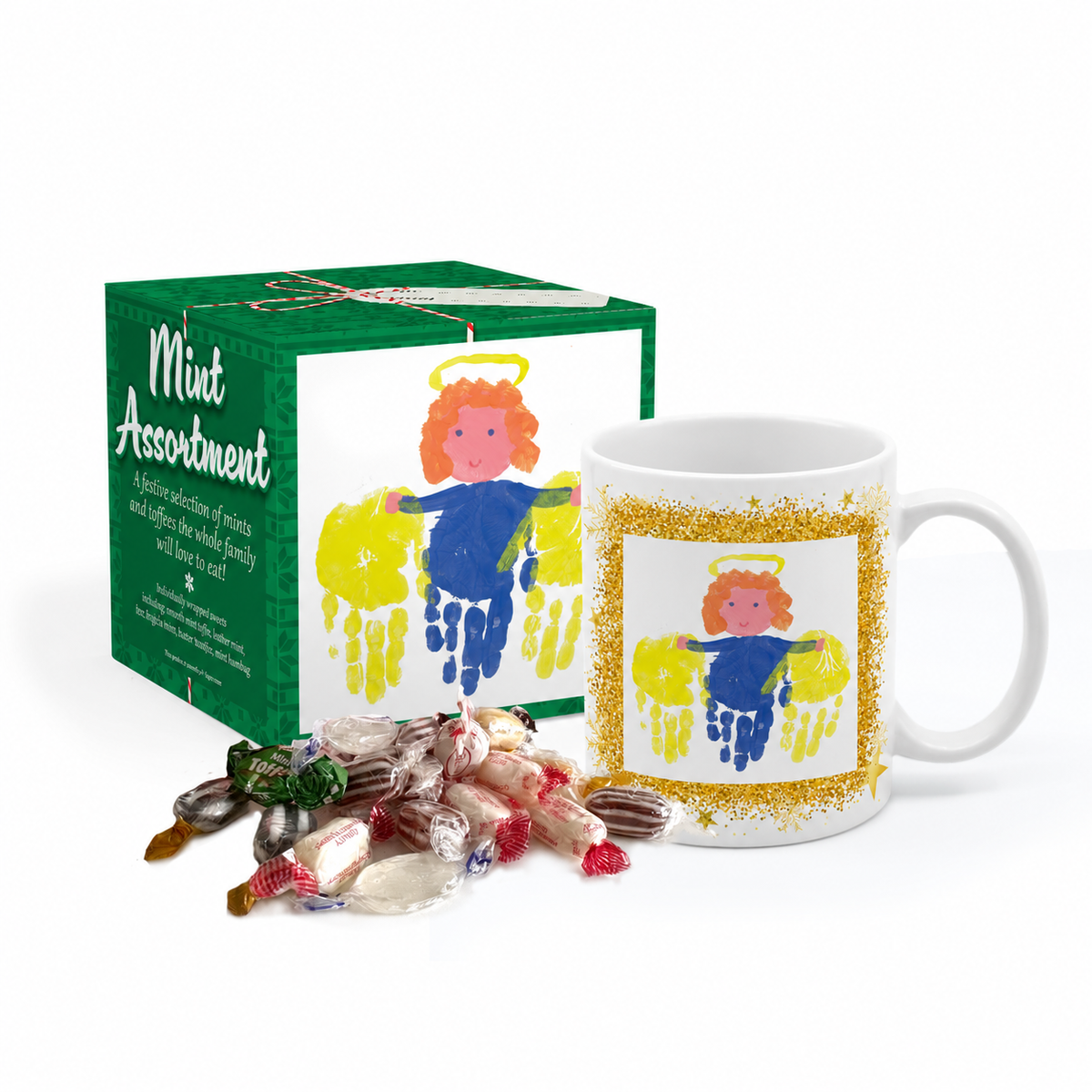 A gift set featuring a white ceramic mug with a colorful child's angel handprint design, a green and white 'Mint Assortment' box, and an assortment of mints on a white background.